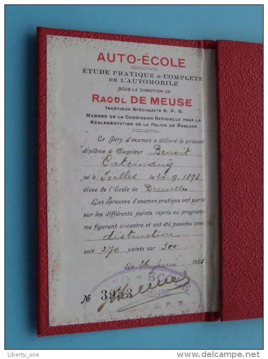 AUTO - ECOLE R. De MEUSE Ingénieur E.P.B. Diplôme ( Caternang Benoit Né 24/9/1893 Ixelles / Voor Details Zie Photo ) !! - Diplômes & Bulletins Scolaires