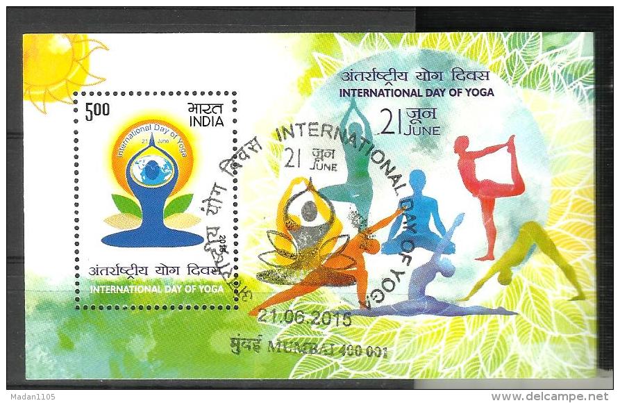 INDIA, 2015,  International Day Of Yoga, Health Fitness,  Miniature Sheet,  FIRST DAY MUMBAI CANCELLED - Gebruikt