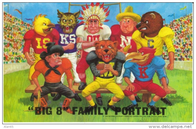 'Big 8' College Football Mascots Nebraska Kansas State Colorado Missouri Oklahoma State Iowa C1960s/70s Vintage Postcard - Schulen