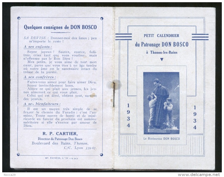 RARO SANTINO CALENDARIETTO FRANCESE DEL 1934 DEDICATO A S.GIOVANNI BOSCO ( K3 ) - Santini