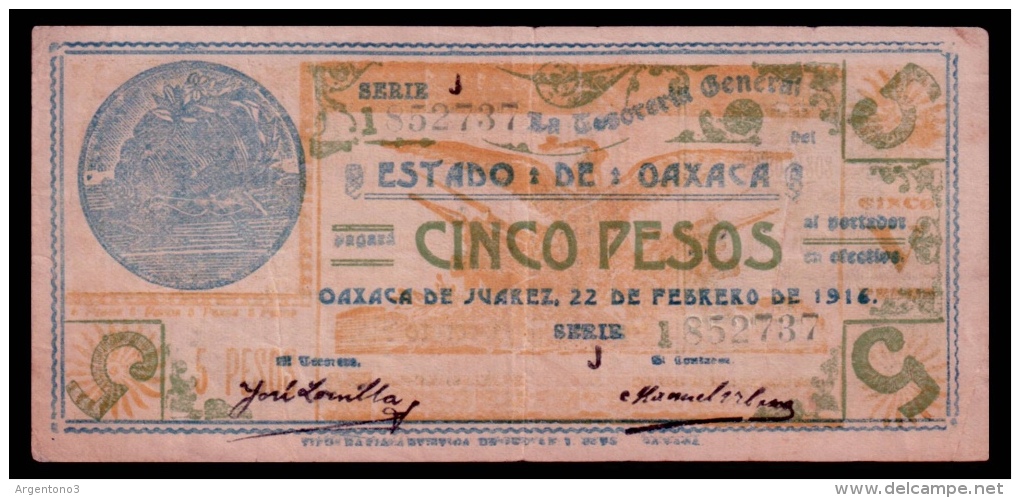 Mexico Oaxaca 5 Pesos 1916 VF - Mexico