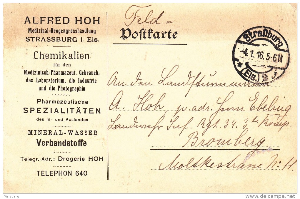 Feldpostkarte Obl Straßburg * (Els.) 2 J Du 4.1.16 Adressée à Bromberg - Covers & Documents