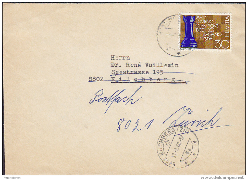 Switzerland 1968 Cover Lettera KILCHBERG (Arrival Cds.) REadressed ZÜRICH Chess Èchecs Schach Scacchi Stamp - Lettres & Documents