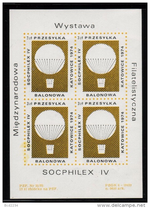 POLAND 1973 SOCPHILEX INTERNATIONAL PHILATELIC EXPO SHEETLET 4 BALLOON POST STAMPS NHM CINDERELLA BALLOONS - Unused Stamps