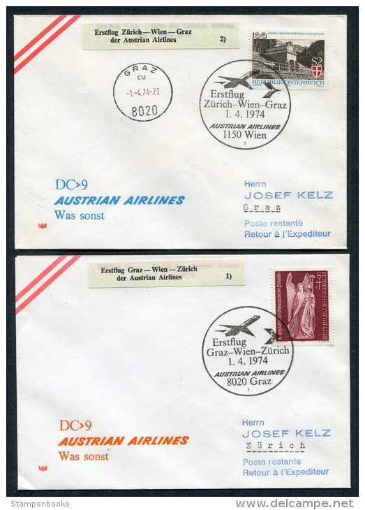 1974 Austria Wien Graz Zurich Switzerland Austrian Airlines First Flight Covers (2) - Other & Unclassified