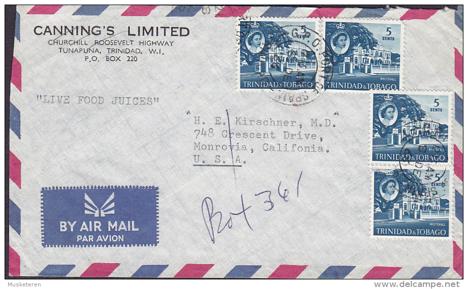 Trinidad & Tobago Air Mail Par Avion CANNING'S LIMITED, PORT OF SPAIN 1966 Cover Brief MONROVIA Calif. USA - Trinidad & Tobago (...-1961)