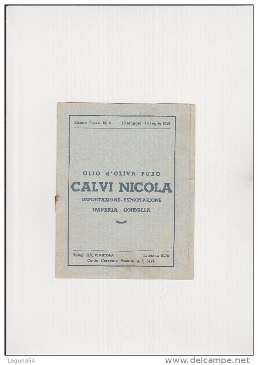 LISTINO PREZZI DEL 1952 - OLIO DI OLIVA - DITTA CALVI NICOLA - ONEGLIA - IMPERIA - Altri & Non Classificati