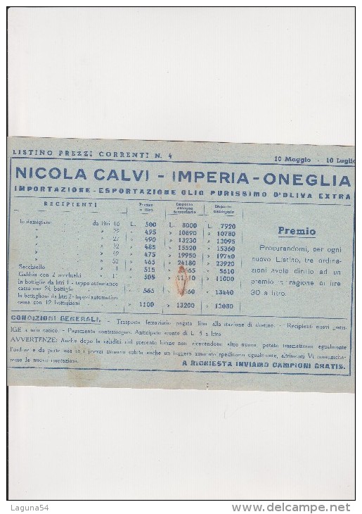 LISTINO PREZZI DEL 1952 - OLIO DI OLIVA - DITTA CALVI NICOLA - ONEGLIA - IMPERIA - Altri & Non Classificati