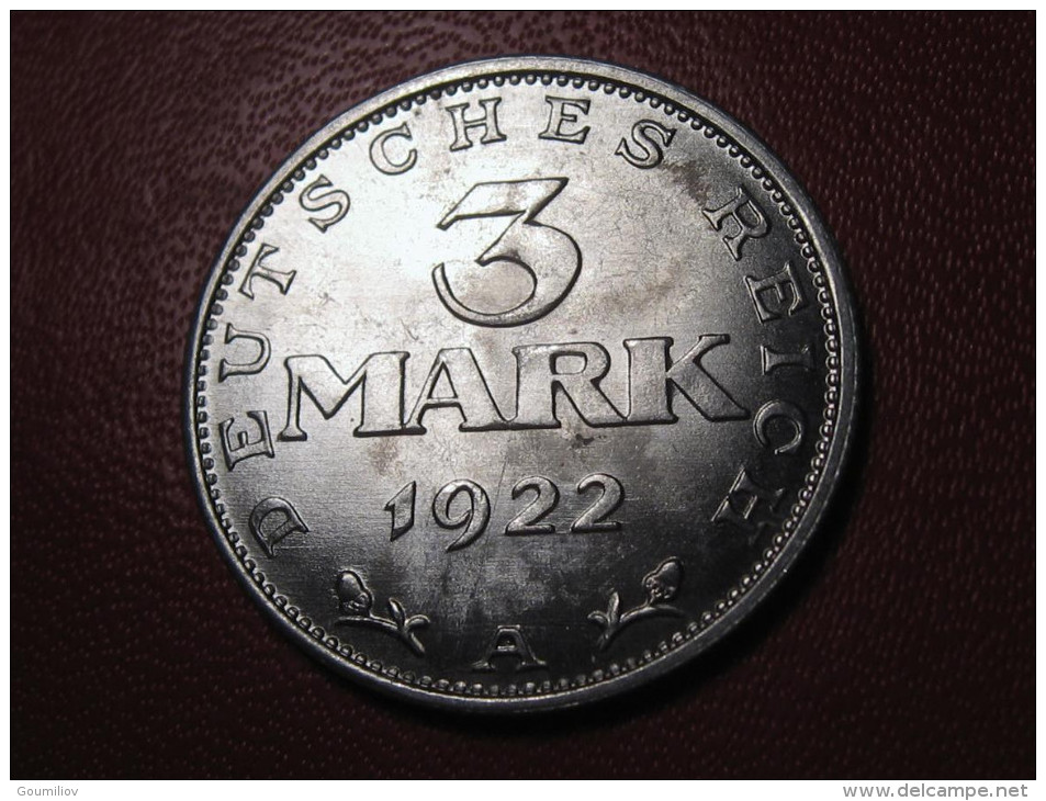 Allemagne - 3 Mark 1922 A Berlin 0914 - 3 Mark & 3 Reichsmark