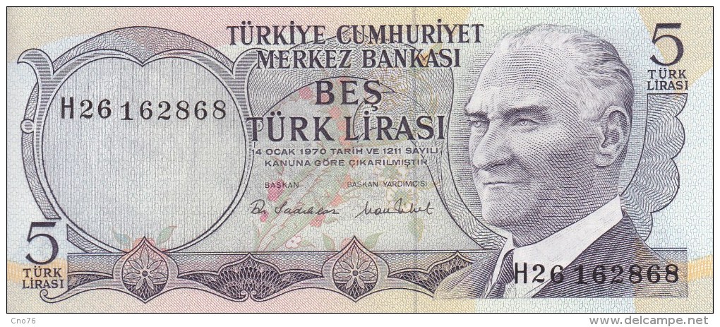 Lot de 5 billets Turquie de 5, 10, 20, 100 et 1000