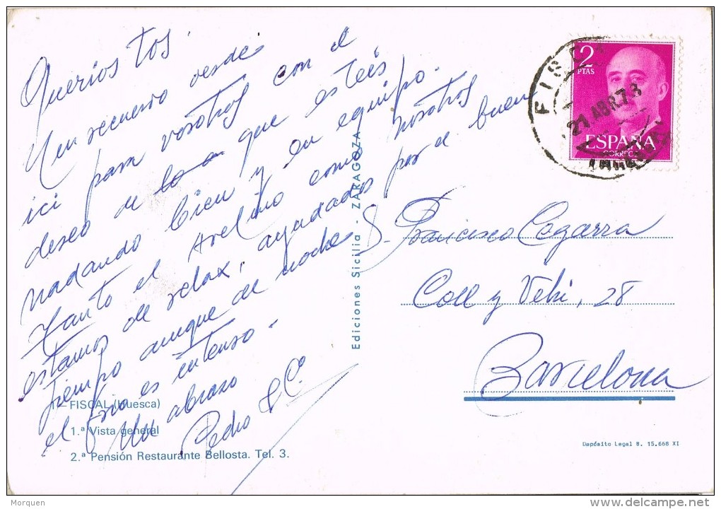 14408. Postal FISCAL (huesca) 1973. Vista General De La Poblacion Y Pension Bellosta - Cartas & Documentos