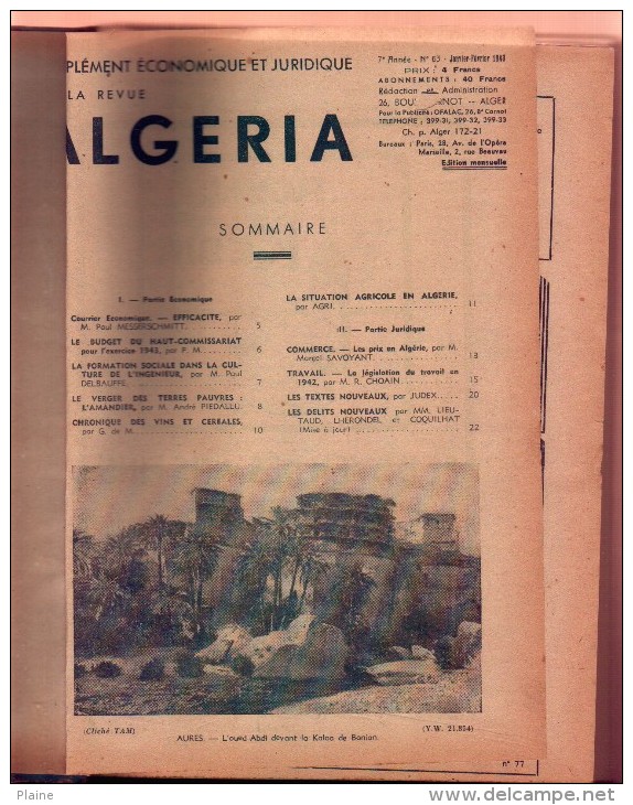 Reliure " Revue ALGERIA" Economique Et Juridique .du Numero 63 à 74( 1943-1944) - Revues Anciennes - Avant 1900