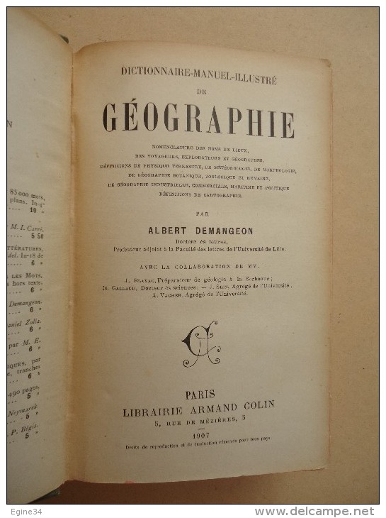 Librairie Armand Colin - A. Demangeon - Dictionnaire Manuel Illustré De GEOGRAPHIE - 1907 - - Wörterbücher