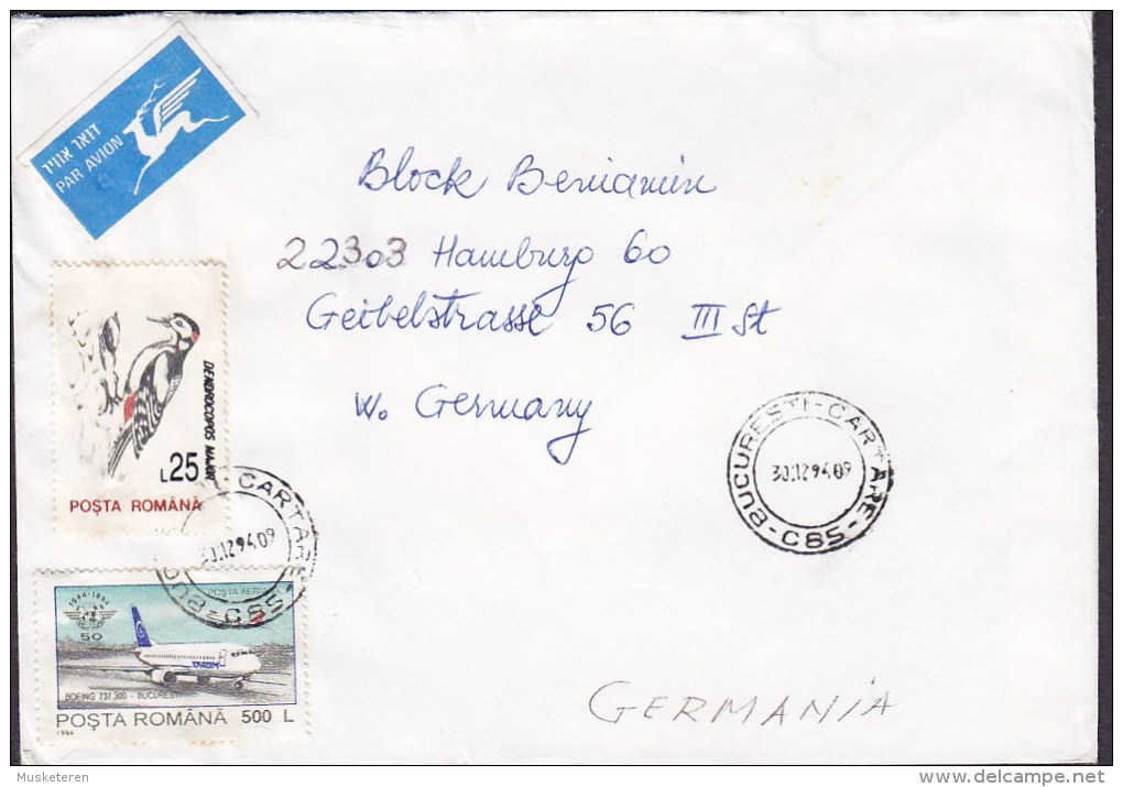 Romania PAR AVION "Winged Deer" Label BUCURESTI - CARTARE 1994 Cover Brief HAMBURG Germany Bird Vogel Oiseau Woodpecker - Brieven En Documenten