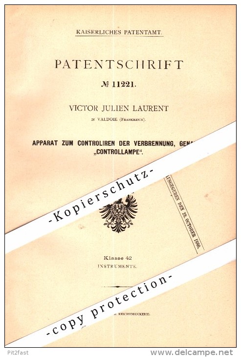 Original Patent - Victor Julien Laurent à Valdoie , 1880 , Témoin De Contrôle Pour La Combustion , Wedau !!! - Valdoie