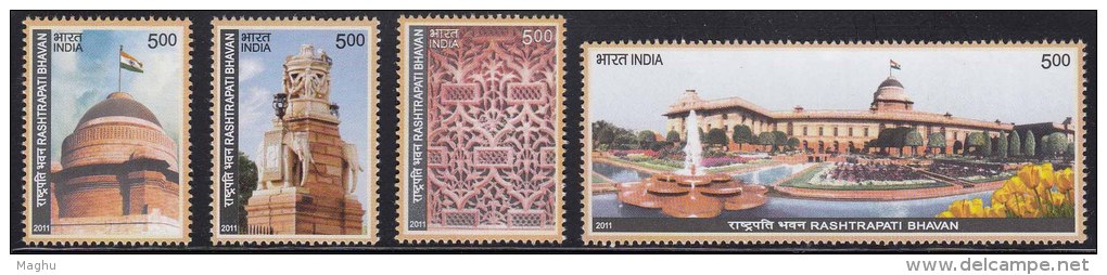 India MNH 2011, Set Of 4,  Rashtrapati Bhavan, Monument, Tulip Flower, Flag, Carving, Water Fountain, Elephant Head - Unused Stamps