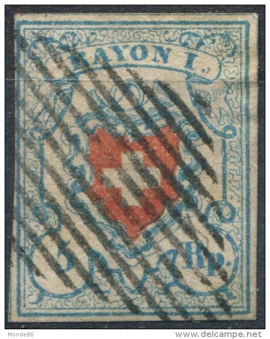 SUISSE - N° 14a (o)…bleu Clair…filet Complet…papier Homogène - 1843-1852 Federal & Cantonal Stamps