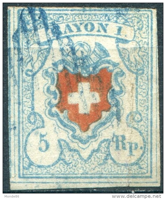 SUISSE - N° 14a (o)…bleu Clair…ondulation Verticale Non Cassante - 1843-1852 Federal & Cantonal Stamps