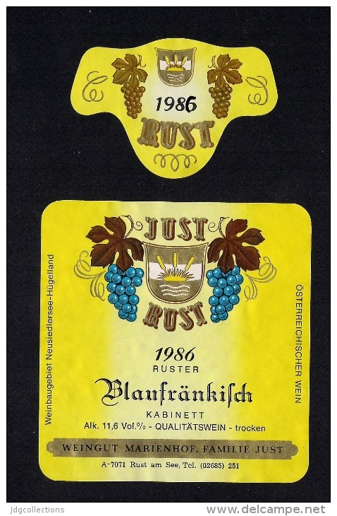 # BLAUFRANKISCH 1986 JUST RUST AM SEE AUSTRIA  Wine Label Wein Vino Vin Etiquette Etiqueta Etikett - Sonstige & Ohne Zuordnung