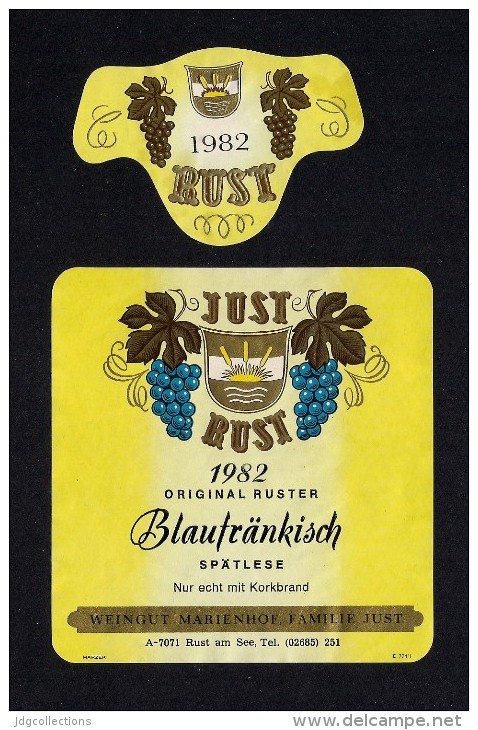 # BLAUFRANKISCH 1982 JUST RUST AM SEE AUSTRIA  Wine Label Wein Vino Vin Etiquette Etiqueta Etikett - Sonstige & Ohne Zuordnung