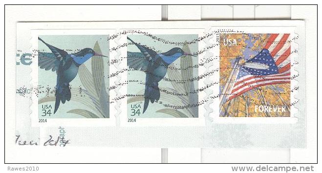 USA 2014 Mi. 5049 Geschn. Vogel Colibri + 2013 Mi. 4971 Forever USA - Flagge - Postkartenausschnitt - Used Stamps