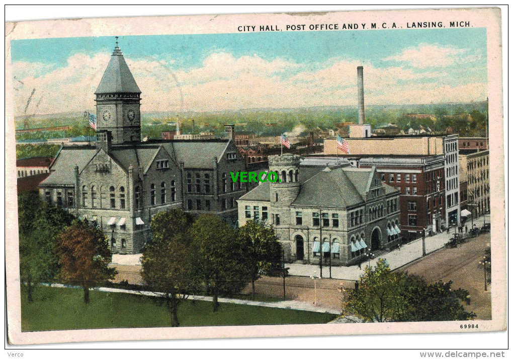Carte Postale Ancienne De LANSING – CITY HALL, POST OFFICE AND Y.M.C.A. - Lansing