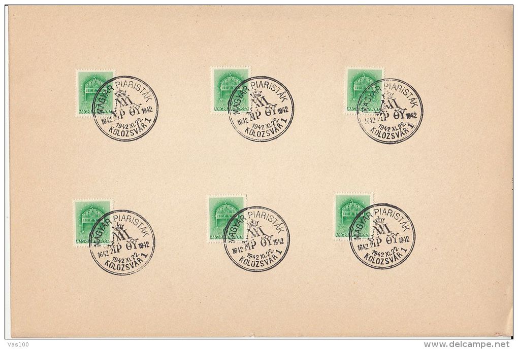 ROYAL CROWN STAMPS, KOLOZSVAR (CLUJ-NAPOCA) PIARIST CHURCH ROUND STAMPS ON CARDBOARD, 1942, HUNGARY - Storia Postale