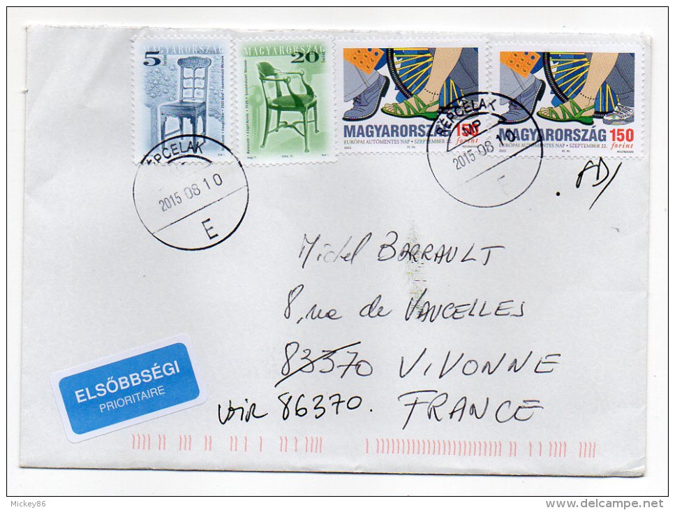 2015--Lettre De Hongrie Pour La France-cachets Ronds-composition De Timbres-envoi En Fausse Direction-- - Lettres & Documents