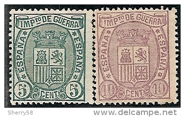 1875-ED. 154 Y 155 MONARQUIA PRE-CONSTITUCIONAL. ESCUDO PODER EJECUTIVO - 5 Y 10 CTS. VERDE Y VIOLETA-NUEVO MH - Neufs