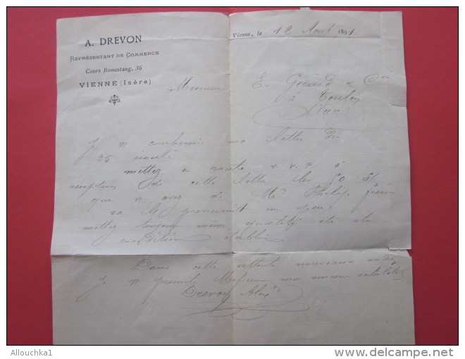 CAD 12 AOUT 1891 TYPE SAGE 15C LETTRE à ENTETE A. DREVON REPRESENTANT DE COMMERCE VIENNE ISERE-> TOULON Salins-D'Hyéres - 1877-1920: Periodo Semi Moderno