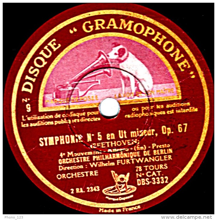 78 Trs 30 Cm état EX ORCH. PHILHARMONIQUE DE BERLIN SYMPHONIE N°5 En UTmineur Op.67 3e  4e Mouvements 1 Face Fin - 78 T - Disques Pour Gramophone