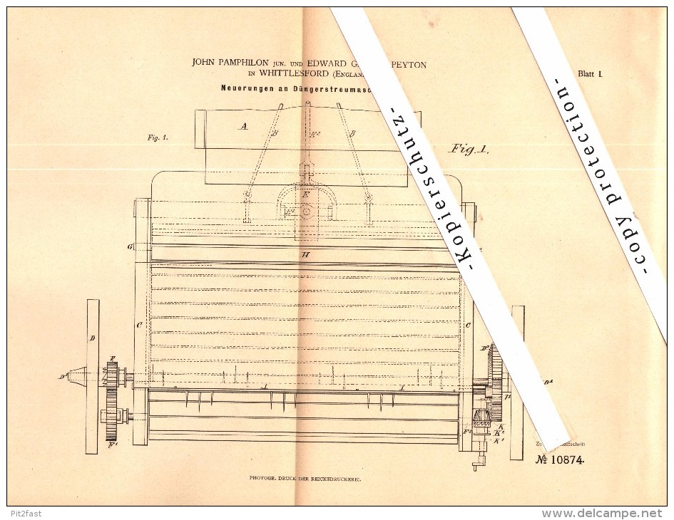 Original Patent - John Pamphilon and E.G. Peyton in Whittlesford , 1879 , Fertiliser spreader , agricultural !!!