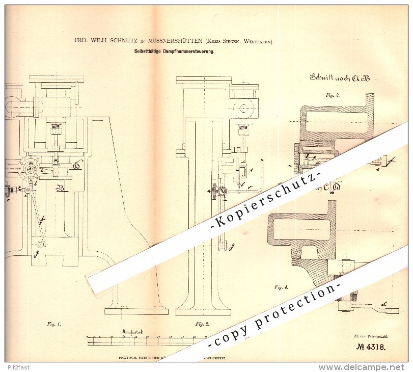 Original Patent - F.W. Schnutz In Müssnershütten B. Siegen , 1878 , Dampfhammer-Steuerung , Zeche , Bergbau , Hütte !!! - Siegen