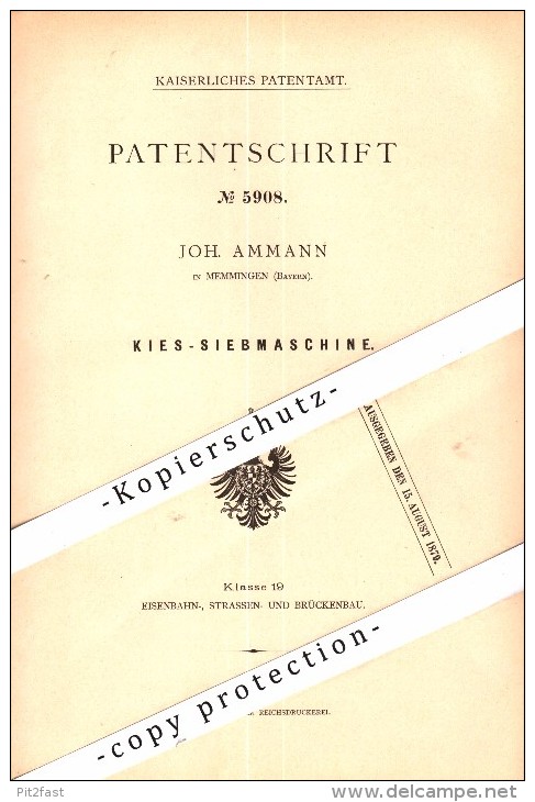 Original Patent - Joh. Ammann In Memmingen , Bayern , 1878 , Kies-Siebmaschine !!! - Memmingen