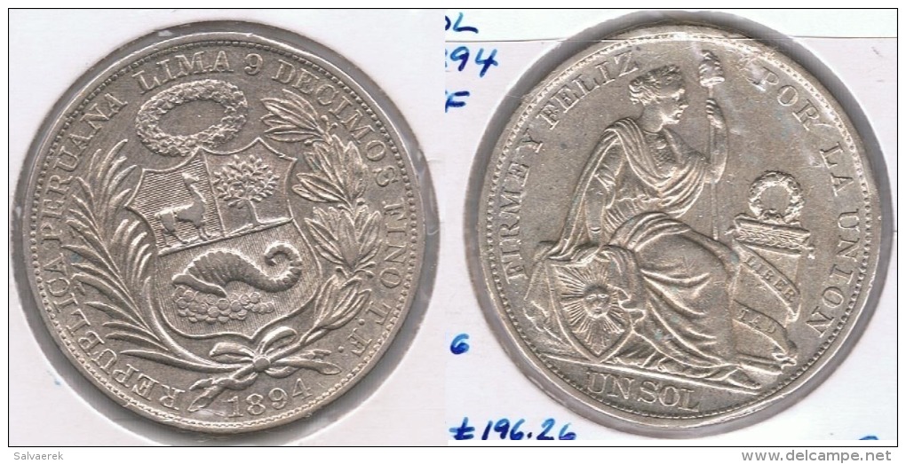 PERU  SOL 1894 PLATA SILVER. Z - Perú