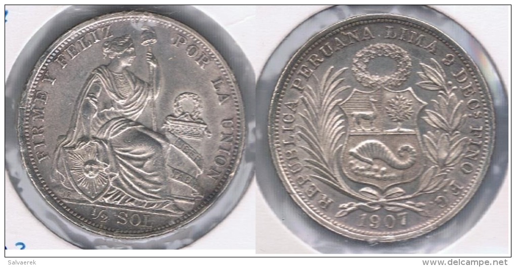 PERU MEDIO  SOL 1907 PLATA SILVER. Z MUY MUY BONITA SC UNIC - Perú