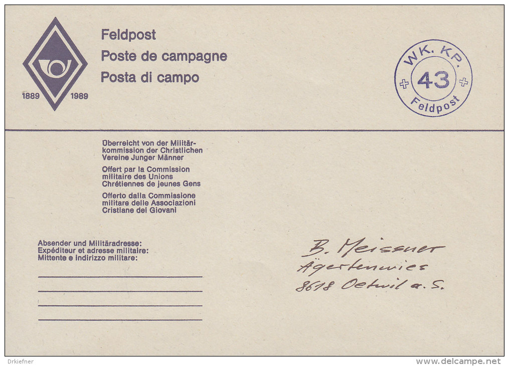 SCHWEIZ Militärbrief Feldpost, Stempel: + WK.KP.+ Feldpost 43, Um 1989 - Oblitérations