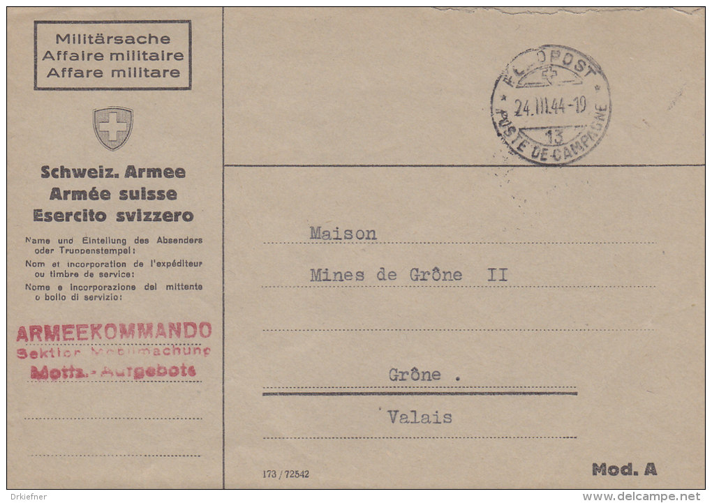 SCHWEIZ  Militärsache, Vom Armeekommando Sektion Mobilmachung, Stempel: Feldpost 13 - 24.III.1944 - Oblitérations