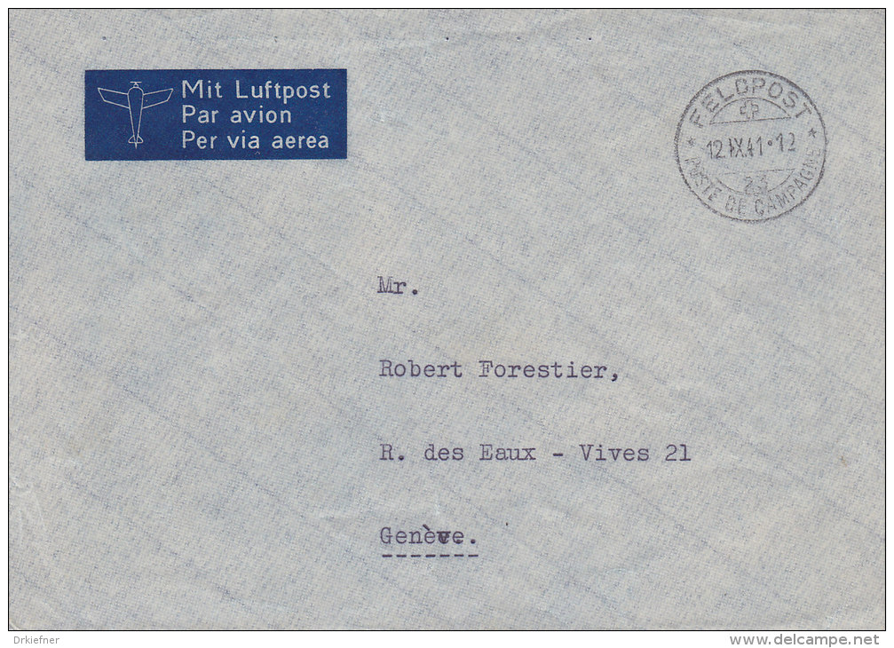 SCHWEIZ  Militärsache, Luftpostbrief, Stempel: Feldpost 23 - 12.IX.1941 - Postmarks