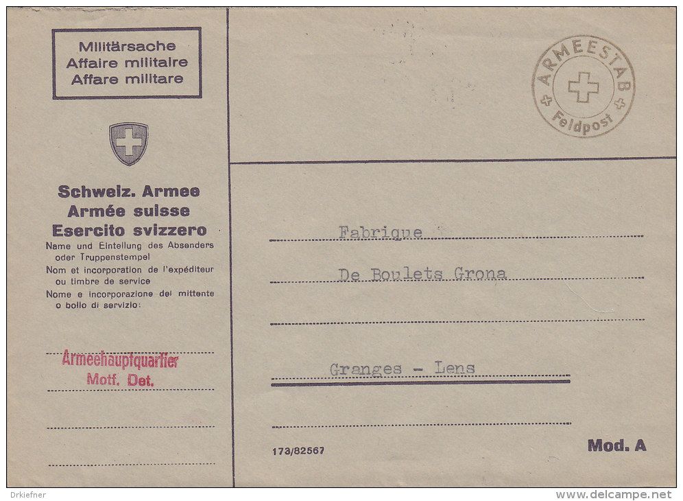 SCHWEIZ  Militärsache Des Armeehauptquartiers Motf.Det., Stempel: Armeestab Feldpost (18.IX.1944) - Postmarks