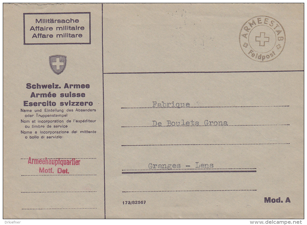 SCHWEIZ  Militärsache Des Armeehauptquartiers Motf.Det., Stempel: Armeestab Feldpost (18.IX.1944) - Oblitérations