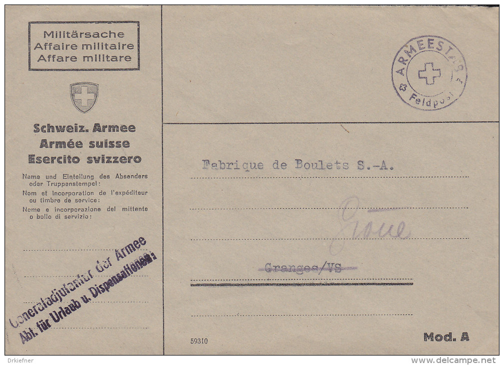 SCHWEIZ  Militärsache Der Generaladjutantur Abt. Für Urlaub Und Dispensationen, Stempel: Armeestab Feldpost (17.IX.1943) - Postmarks