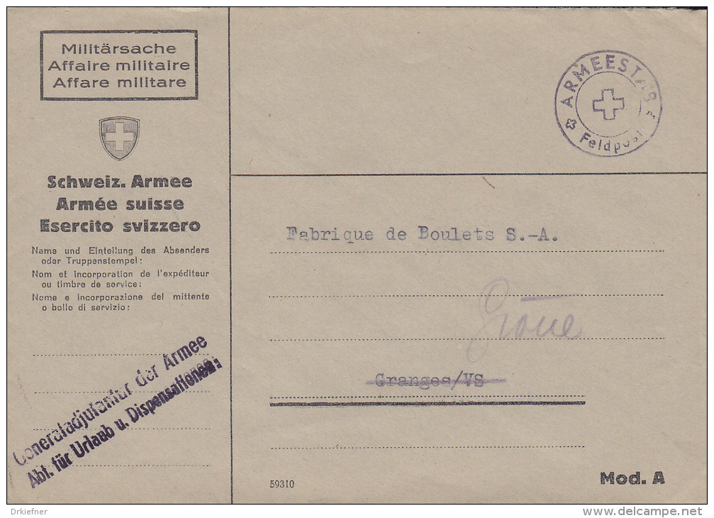 SCHWEIZ  Militärsache Der Generaladjutantur Abt. Für Urlaub Und Dispensationen, Stempel: Armeestab Feldpost (17.IX.1943) - Oblitérations