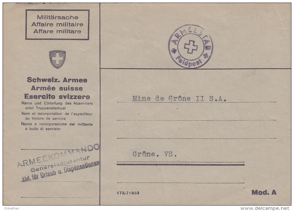 SCHWEIZ  Militärsache Der Generaladjutantur Abt. Für Urlaub Und Dispensationen, Stempel: Armeestab Feldpost (14.X.1943) - Poststempel