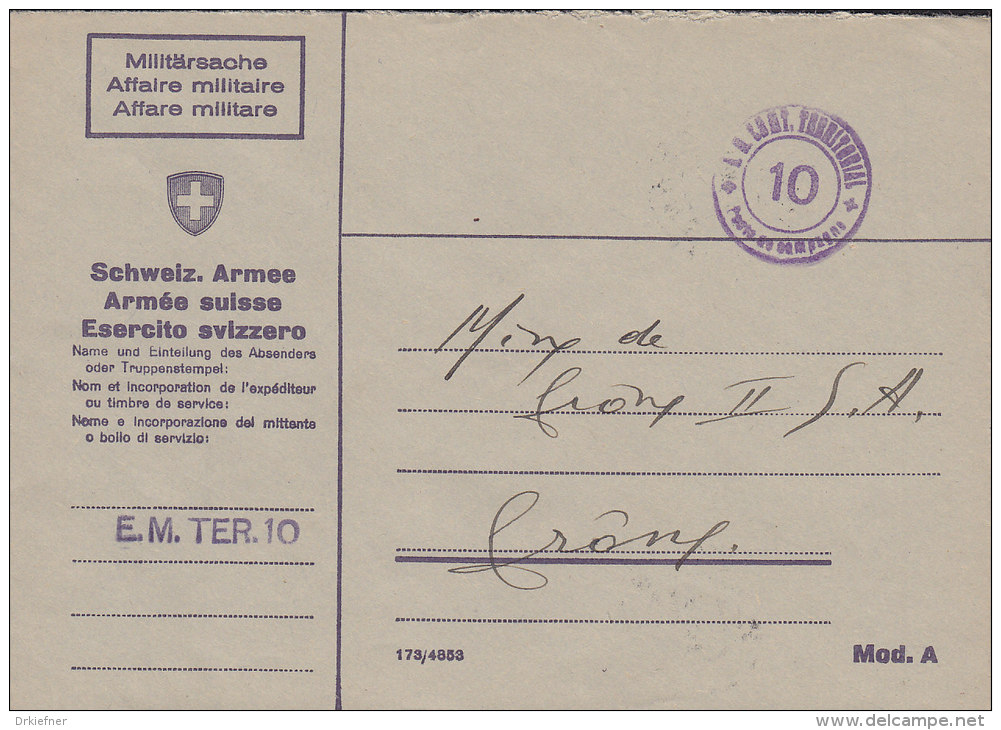 SCHWEIZ  Militärsache, E.M.TER.10, Stempel: E.M.COMT.TERRITORIAL -10- Poste De Campagne (19.XI.44) - Postmarks