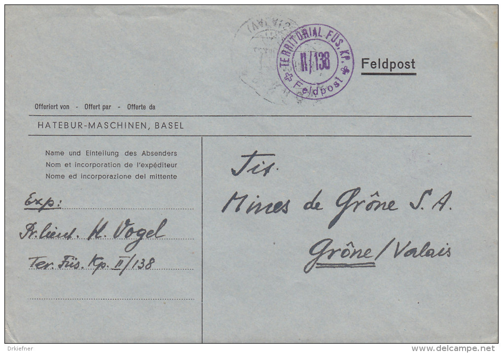 SCHWEIZ  Militärsache, Feldpost, Stempel: TERRITORIAL FÜS. -II/138- Feldpost (22.VIII.44) - Postmarks