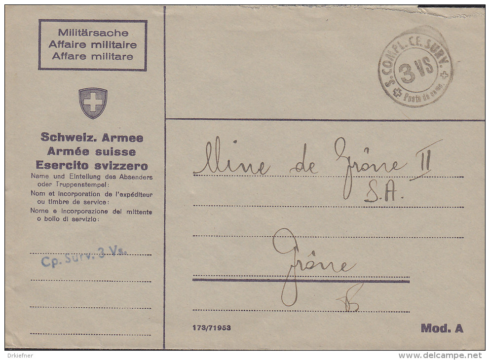 SCHWEIZ  Militärsache, Feldpost, Stempel: S.COMPL.CP.SURV. -3 VS- Poste De Camp. (14.IX.44) - Postmarks