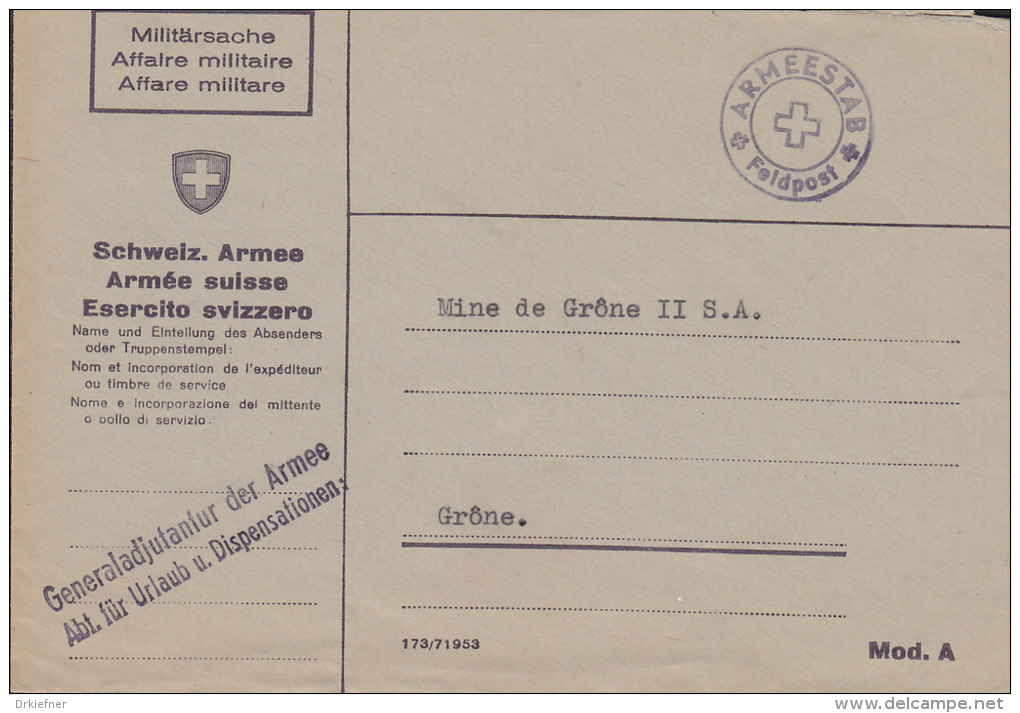 SCHWEIZ  Militärsache, Generaladjutantur Der Armee Abt. Für Urlaub U. Dispensation,Stl: + Armeestab + Feldpost (um 1944) - Poststempel