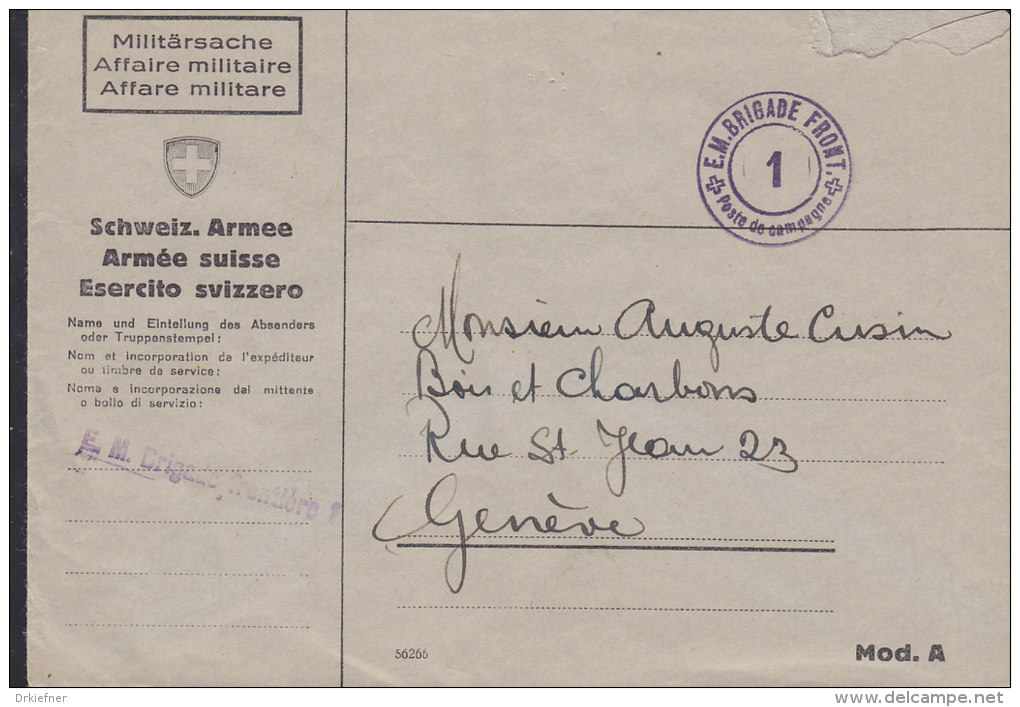 SCHWEIZ  Militärsache, Feldpost, E.M.Brigade Frontiere 1, Stempel: + E.M.BRIGADE FRONT.+ -1- Poste De Campagne (um 1944) - Postmarks