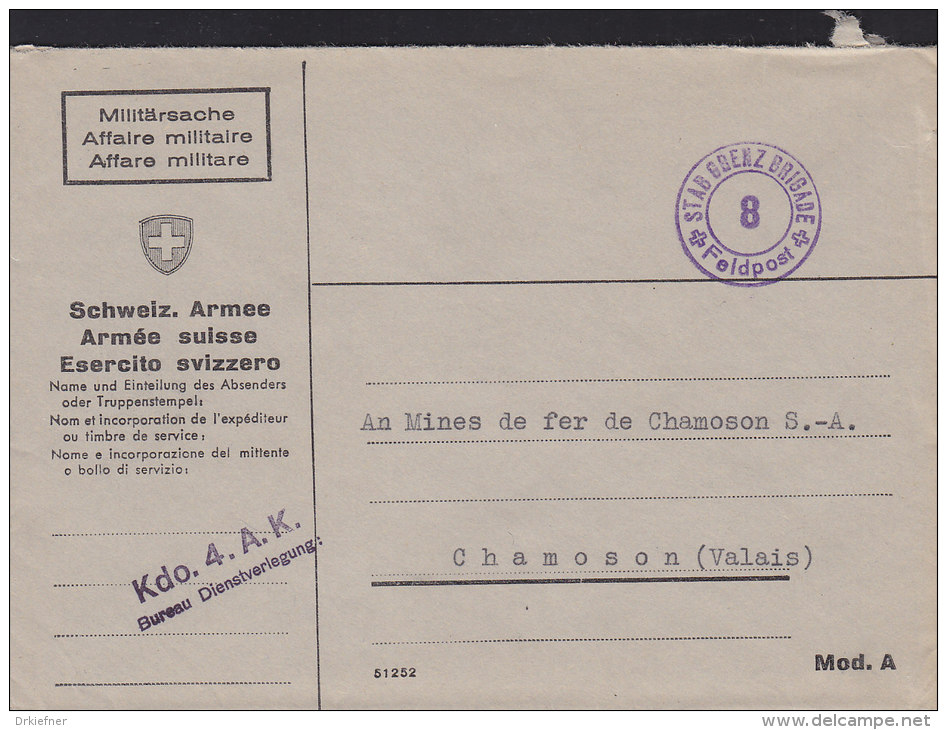 SCHWEIZ  Militärsache, Feldpost,Kdo.4.A.K. Bureau Dienstverlegung, Stempel: +STAB GRENZBRIGADE+ -8- Feldpost (um 1944) - Postmarks